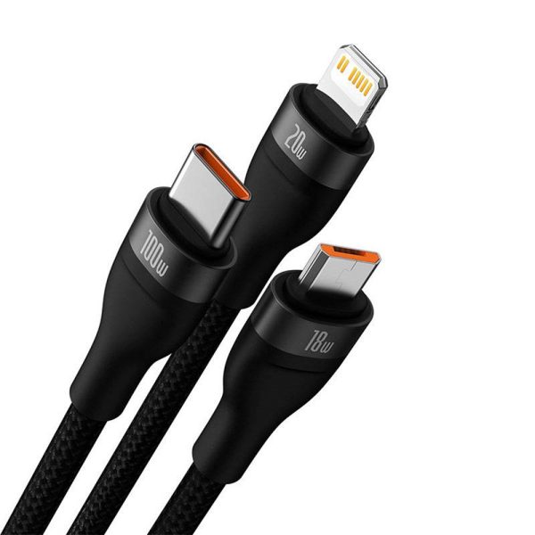 Baseus Flash Series 2 - 3-i-1 100W USB Multi Kabel m. USB-C, Lightning & Micro-USB - 1.2m - Sort Online now