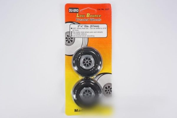 Du-Bro 57.1mm (2.25 ) x 20mm Treaded Low Bounce PU Rubber Wheels for 4mm Axle (2 Pack) For Sale